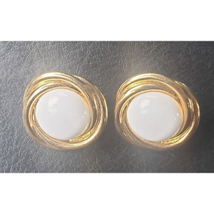 Vintage Trifari White Cabochon Button Earrings with Gold Tone Setting
